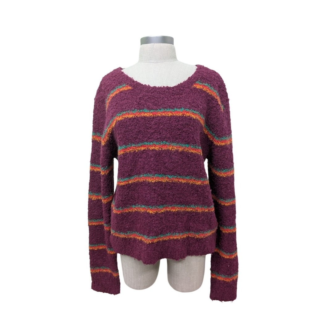 Free People Multicolor Stripe‎ Sweater Large  Burgundy Alpaca Blend Cozy Knit